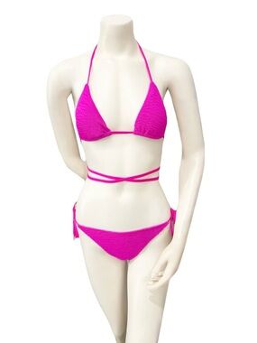 Calzedonia Corey Hot Pink Textured Wrap String Bikini Set Small